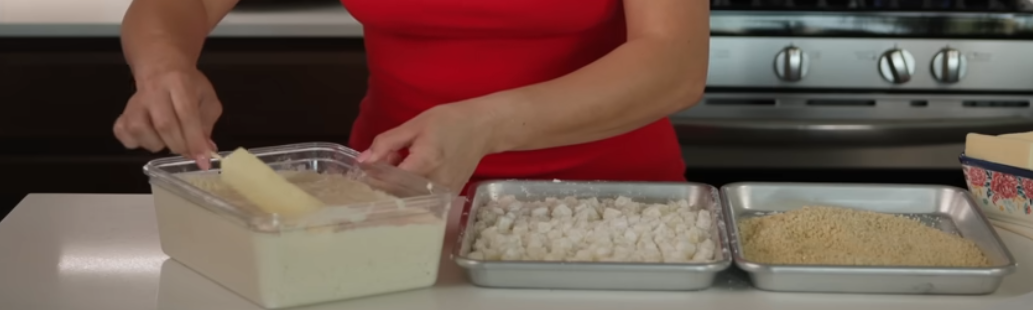 Close up of potato cubes on Korean corn dog before frying